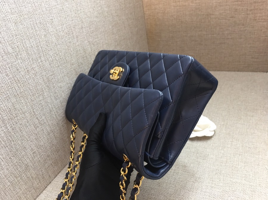 Medium Classic Flap Lambskin Bag AO1112 Dark Blue/Gold